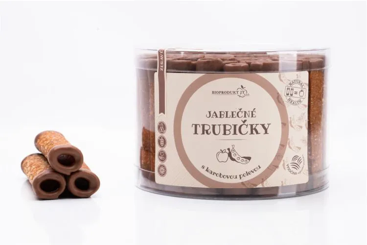 Jablečné trubičky s karobovou polevou dóza 43 ks 540 g